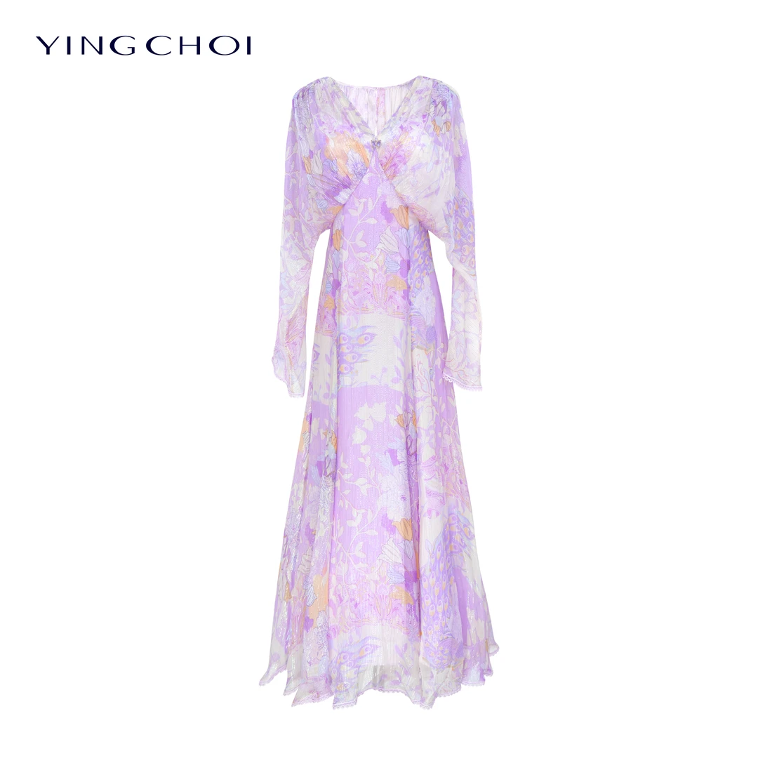 【设计师品牌】YINGCHOI 四色桑蚕丝V领蝙蝠袖连衣裙 32113