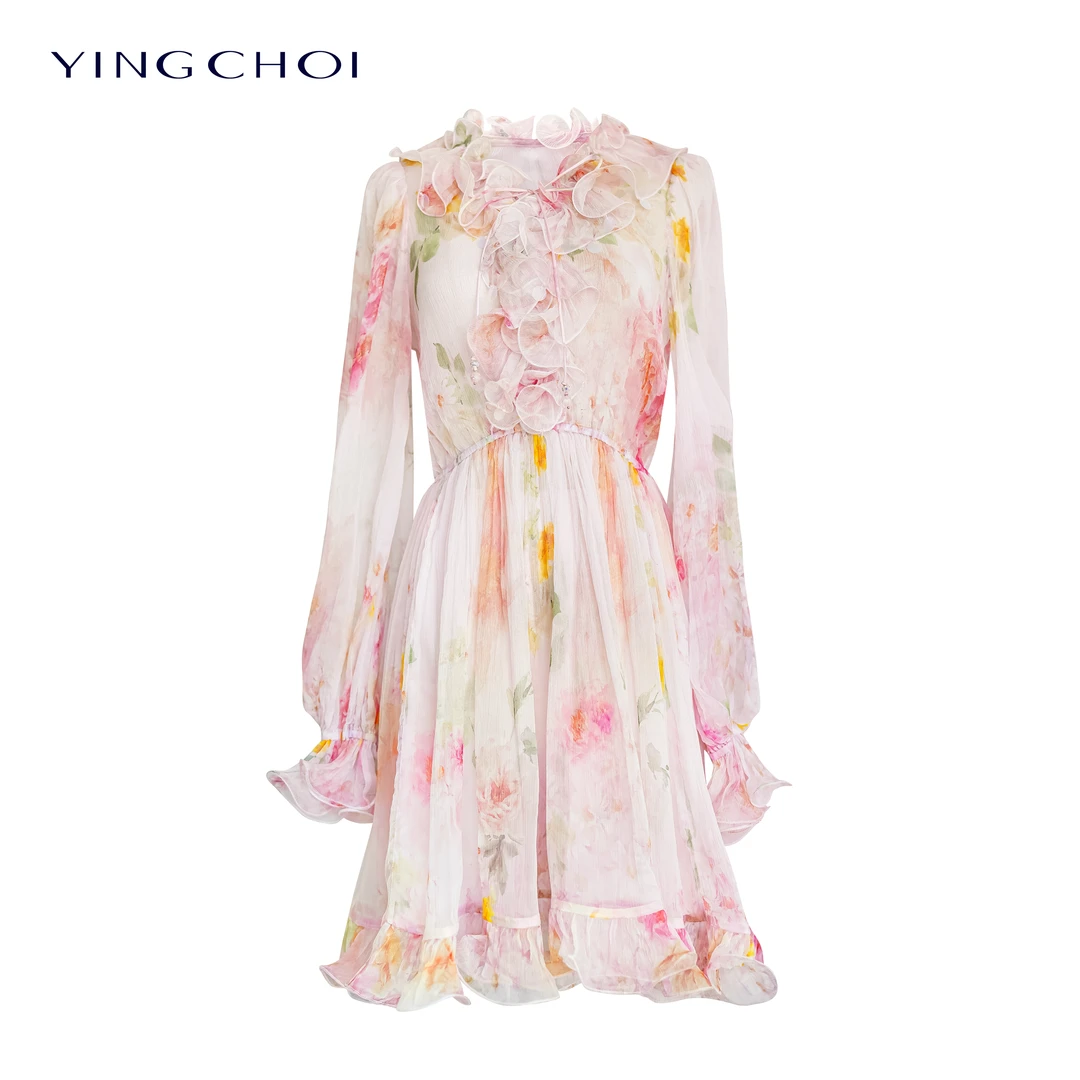 【晚风清梦】YINGCHOI 粉色桑蚕丝印花短款连衣裙YCJSD32334D