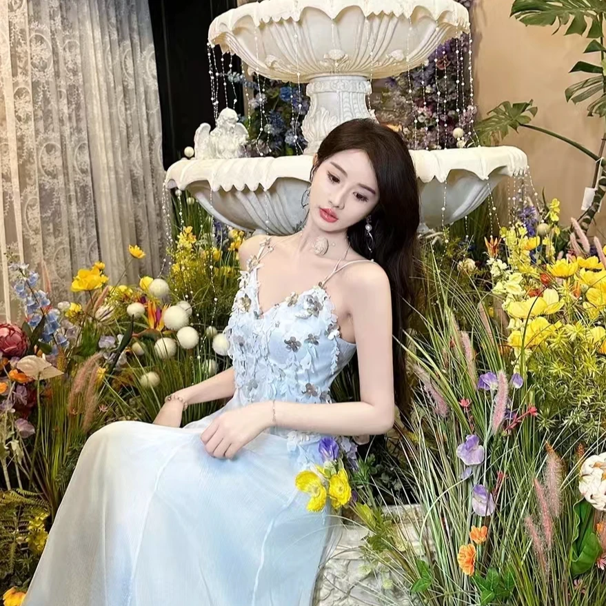 【无尽爱意】YINGCHOI 蓝色桑蚕丝吊带连衣裙32310