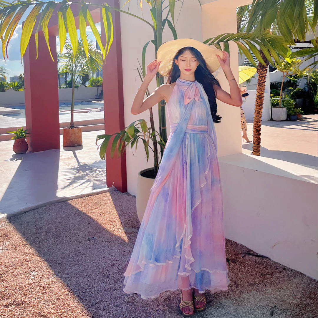 【浮光掠影】YINGCHOI 桑蚕丝粉紫色渐变挂脖连衣裙32112