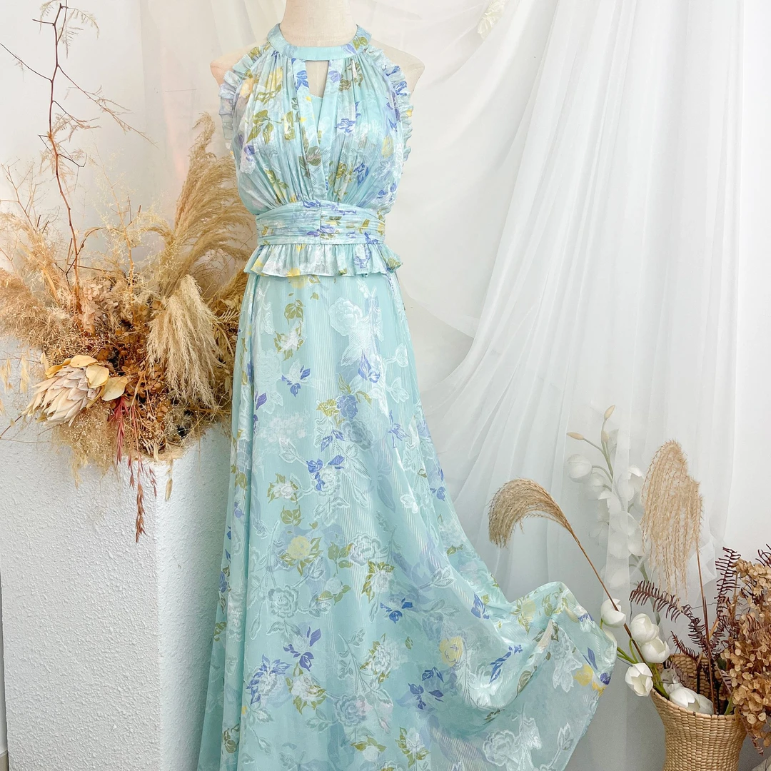 【夏风微澜】YINGCHOI 蓝色原创印花挂脖套装 优雅时尚重工21621