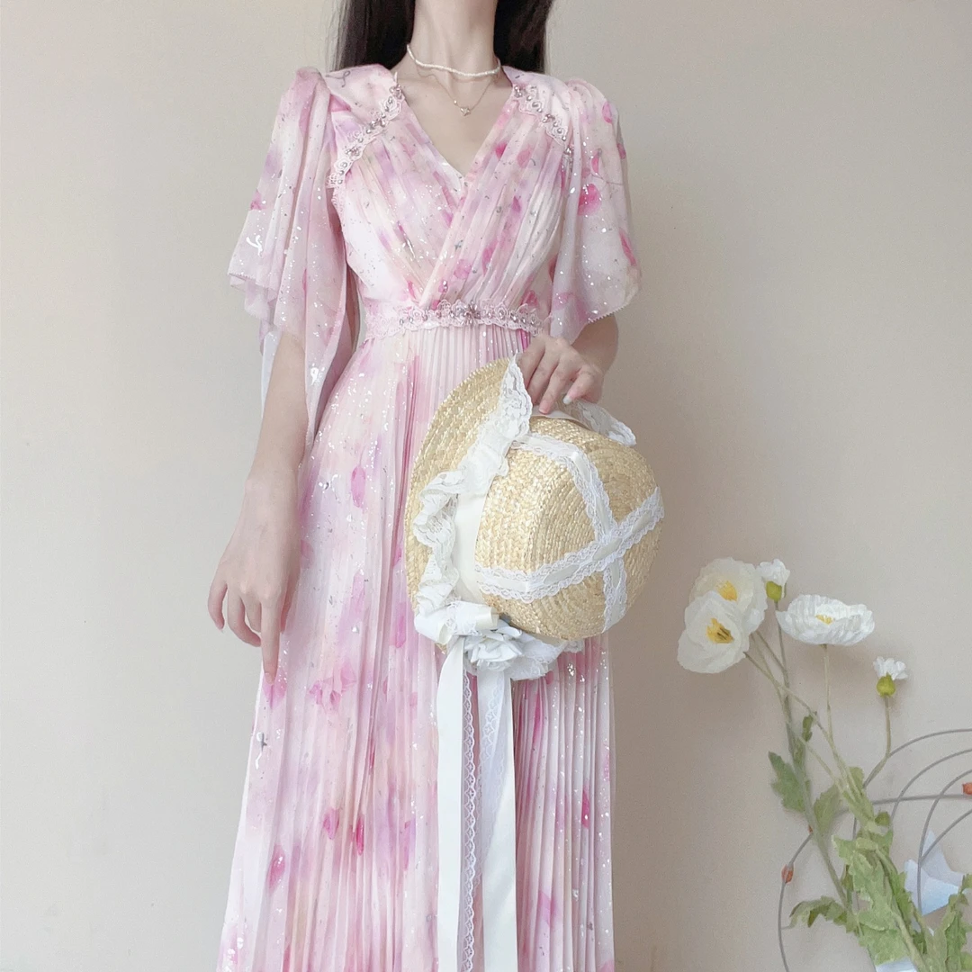 【设计师品牌】YINGCHOI 夏季气质压褶V领长款连衣裙31413