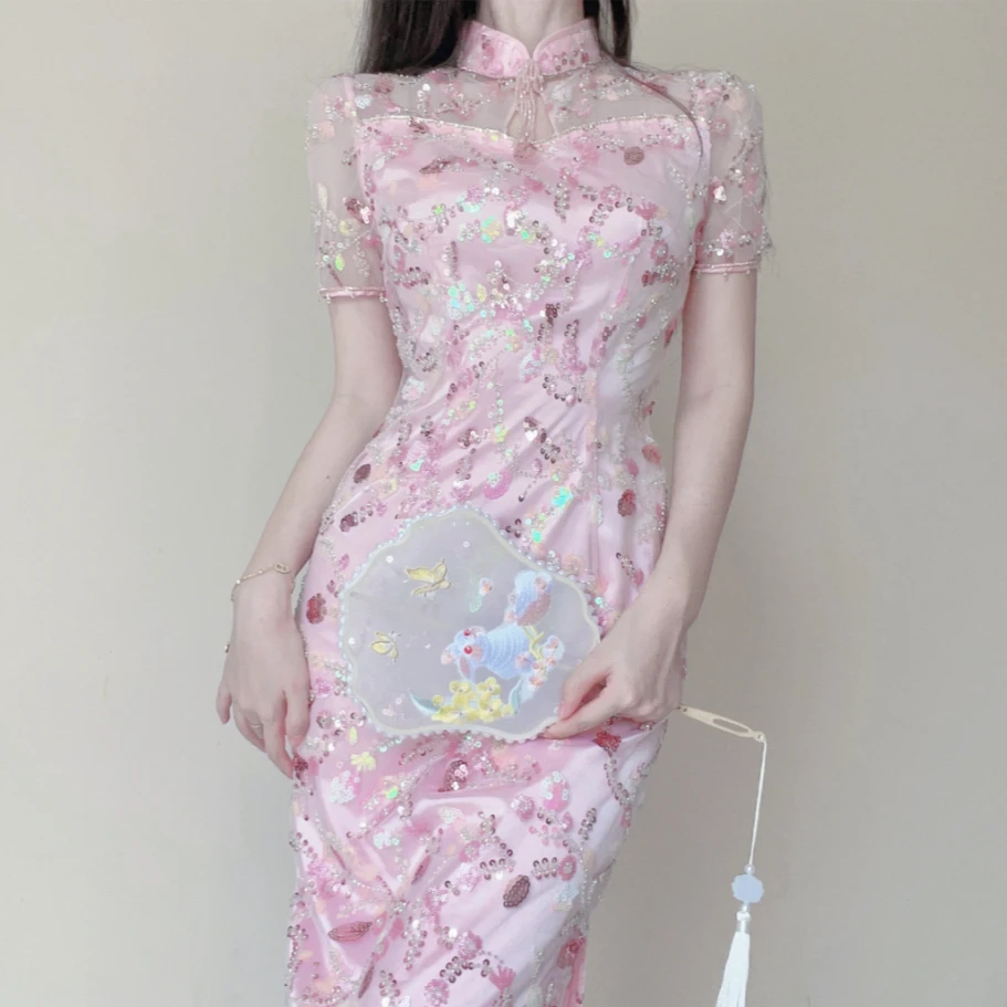 【设计师品牌】YingChoi法绣重工修身旗袍连衣裙30165