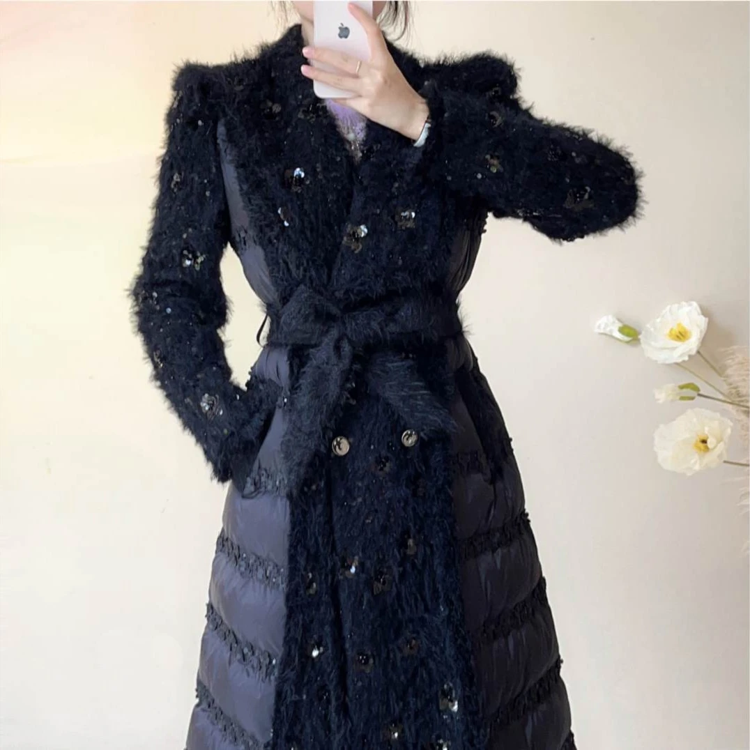 【设计师品牌】黑白双色小香鹅绒服61140长款时尚羽绒服