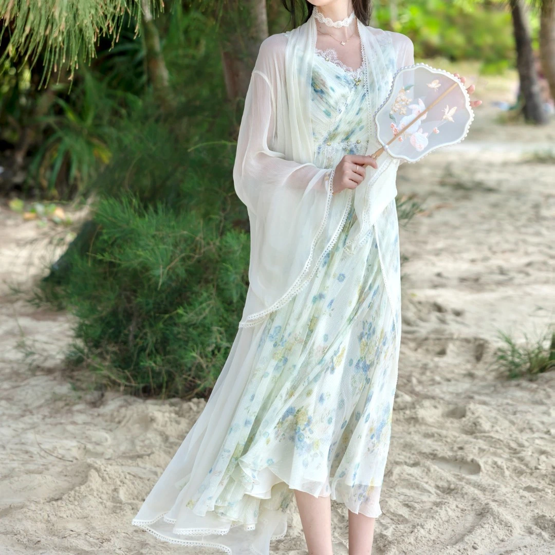 【设计师品牌】YINGCHOI燎沉香 真丝银丝印花V领吊带连衣裙31221
