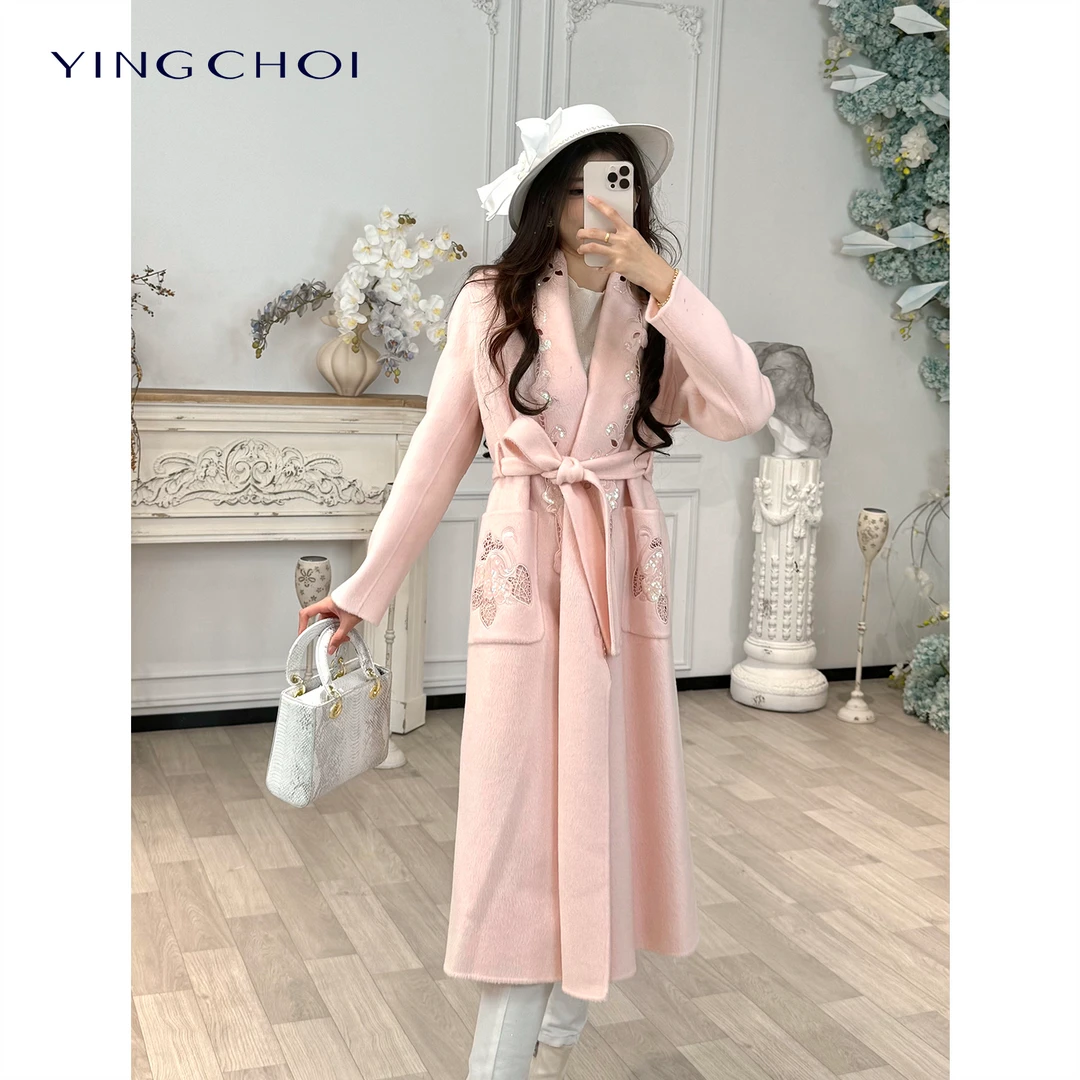【设计师品牌】YINGCHOI 时尚浅粉双面呢绣花外套 61636
