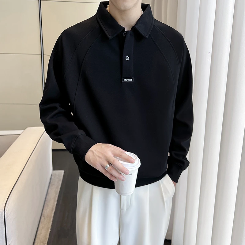 春秋季轻熟纯色简约宽松韩版长袖Polo衫痞帅潮流外穿休闲上衣