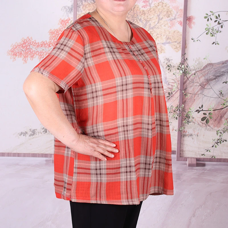 夏季200斤大码奶奶雪纺衫宽松韩版中老年胖妈妈短袖T恤衫格子女装