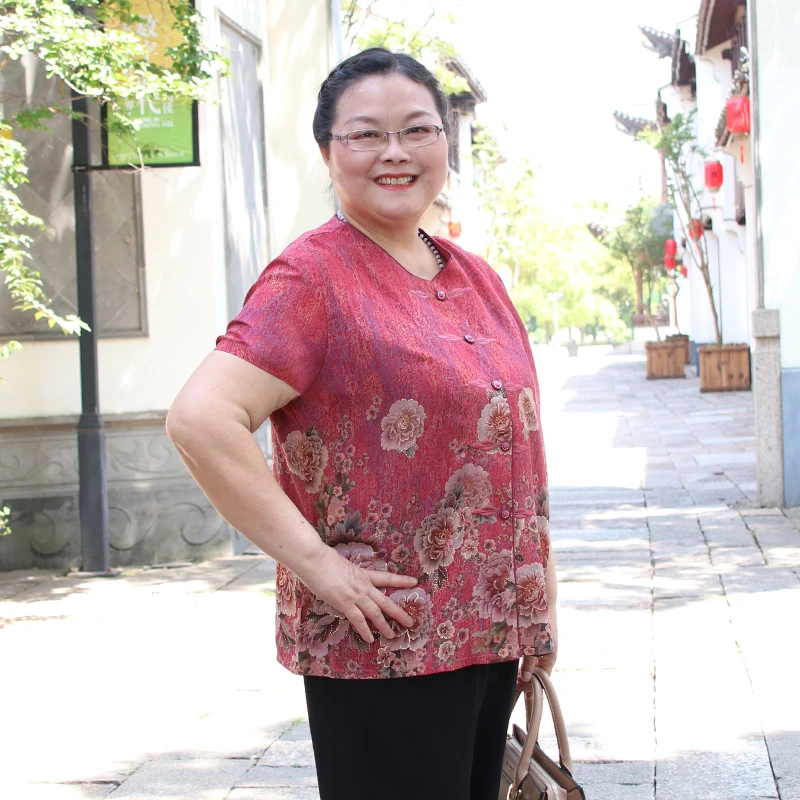 夏季大码奶奶短袖开衫上衣200斤加肥中式国风唐装胖妈妈雪纺女装