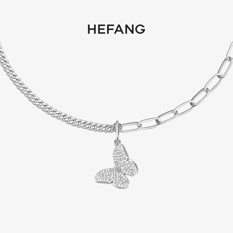 HEFANG 坠链均925银合成锆石 蝴蝶链条项链 精致优雅轻奢格雷系