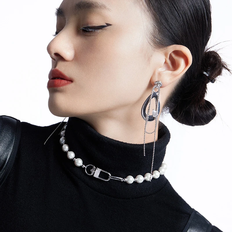 HEFANG 925银合成锆石耳饰 拉链流苏耳环