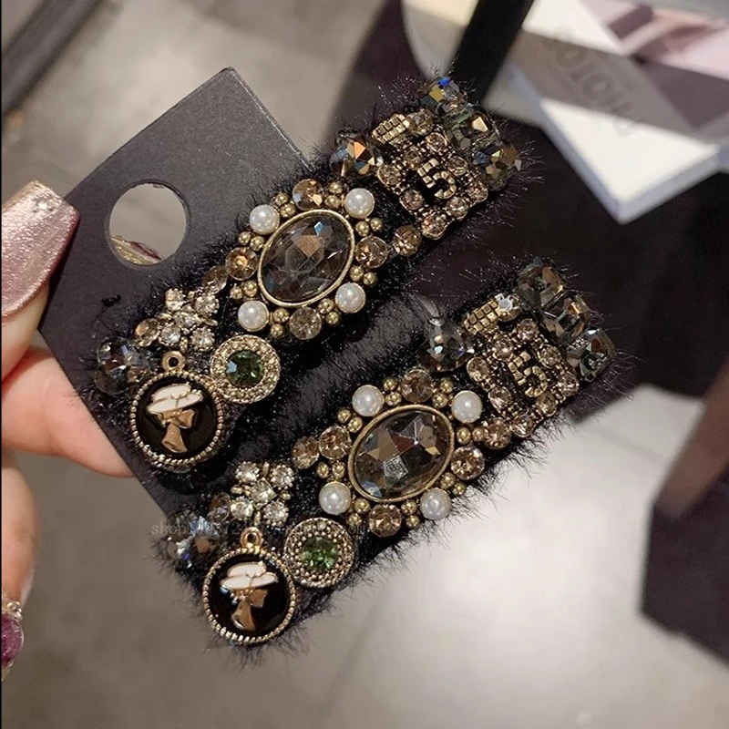 韩版小香风重工毛毛水钻发夹刘海bb夹高级感侧边发夹碎发边夹