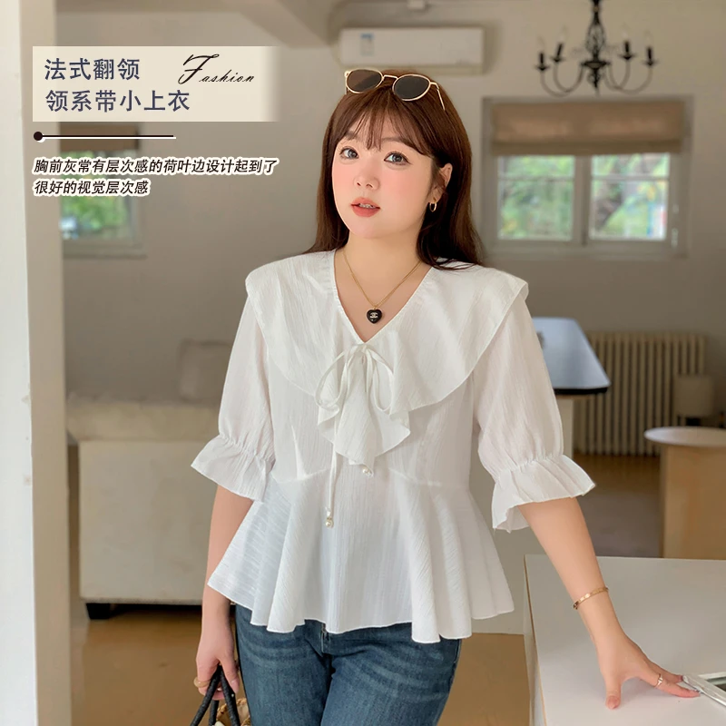 【霏霏推荐】春季新款胖mm200斤大码法式翻领系带衬衫-L178