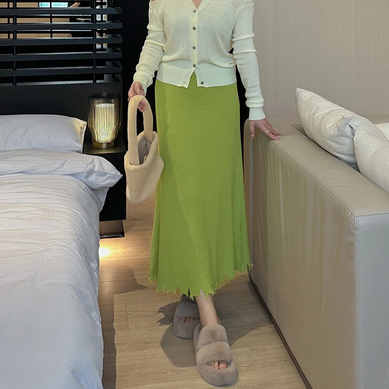 【霏霏推荐】时尚百搭纯色不规则下摆松紧腰针织半裙-【ST1098】