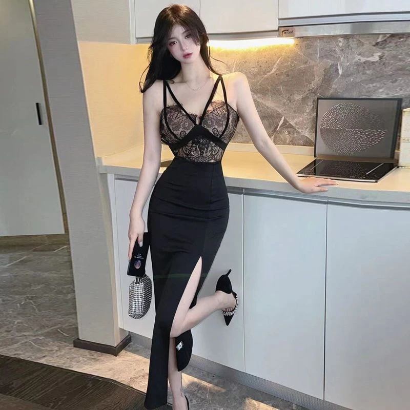 高腰显瘦开叉露腿包臀长款礼服裙高级感性感名媛蕾丝吊带连衣裙女