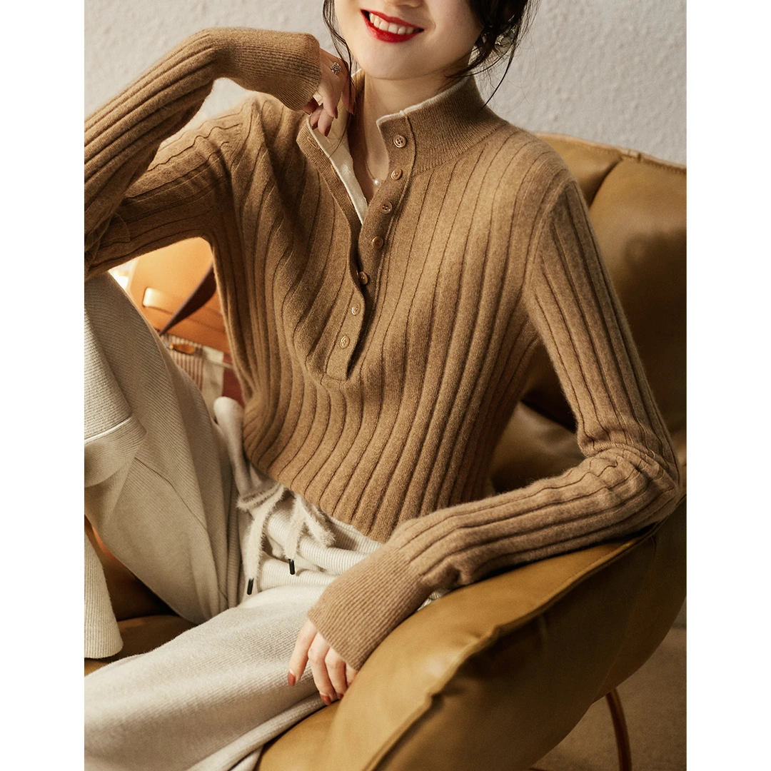 双层两排扣坑条立领毛衣女秋冬时尚气质洋气减龄百搭打底针织上衣