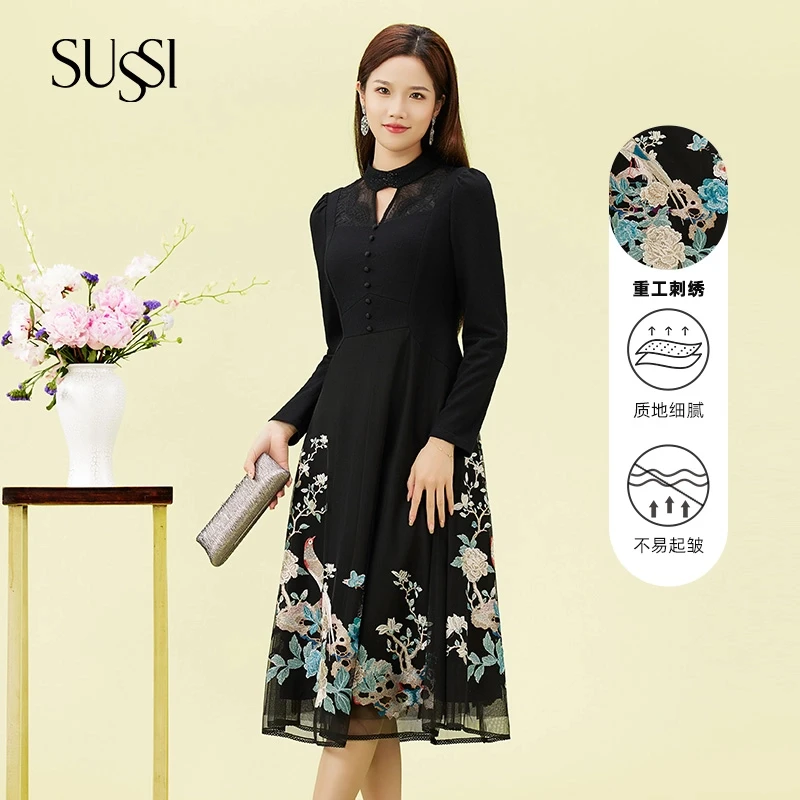 SUSSI/古色秋冬静奢新中式黑色刺绣收腰显白连衣裙中式复古长袖