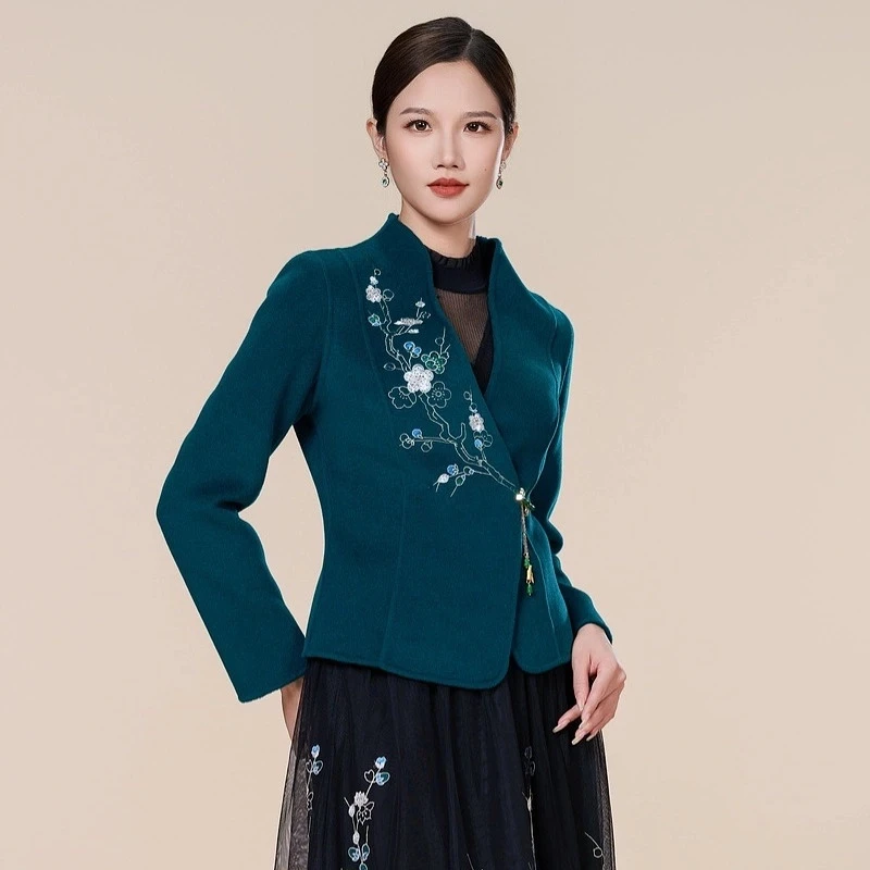 SUSSI/原创新中式中国风连身立领斜襟刺绣双面呢外套秋冬款