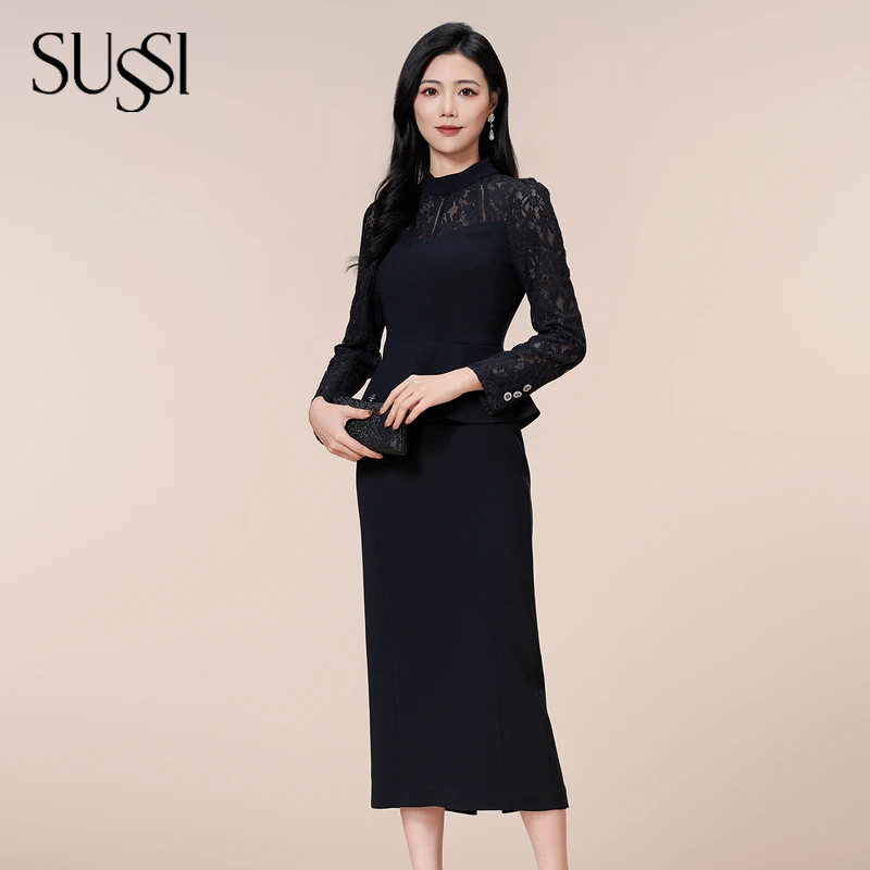 【黑绷带】SUSSI/古色24冬季新品商场同款黑色商务晚宴假两件连衣裙