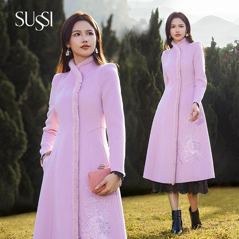 SUSSI/古色商场同款绒双面呢大衣收腰刺绣外套女911AX414053