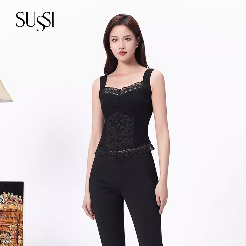【一只小黑】SUSSI/古色24夏黑色无袖方领聚胸收腰背心吊带上衣女