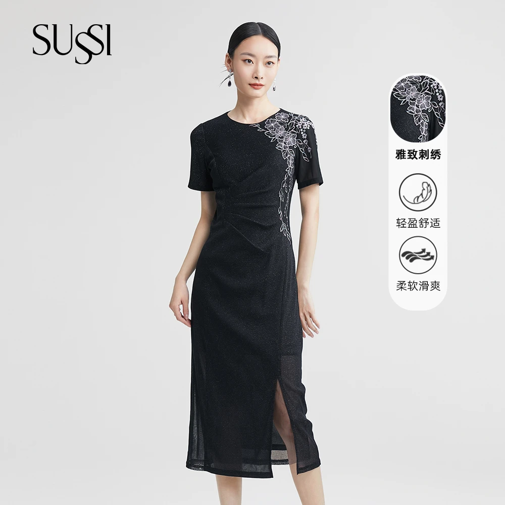【魅影改良旗袍】SUSSI/古色24夏商场同款青衣黑简约时尚通勤连衣裙