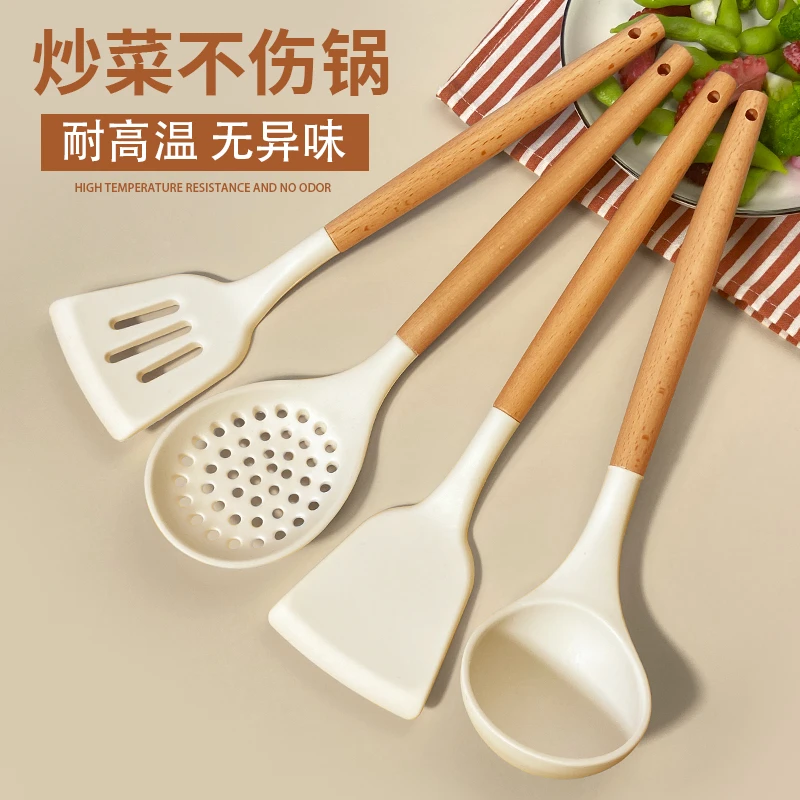 中式木柄锅铲汤漏勺不粘锅防烫炒菜煎铲耐高温厨房家用珐琅锅菜铲