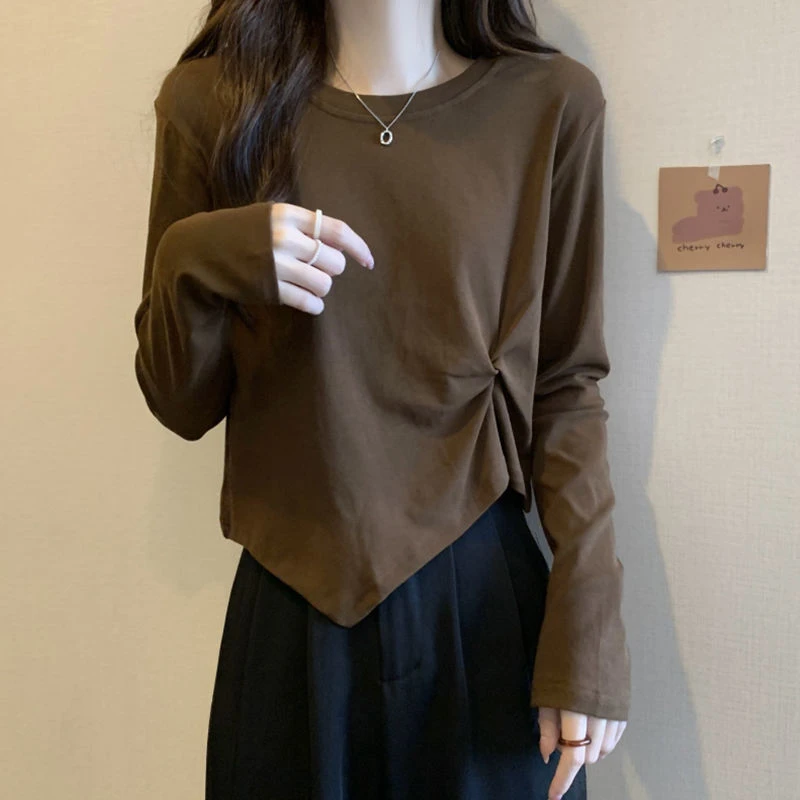 棉大码秋季新款正肩不规则设计感长袖T恤女装休闲宽松小众上衣ins