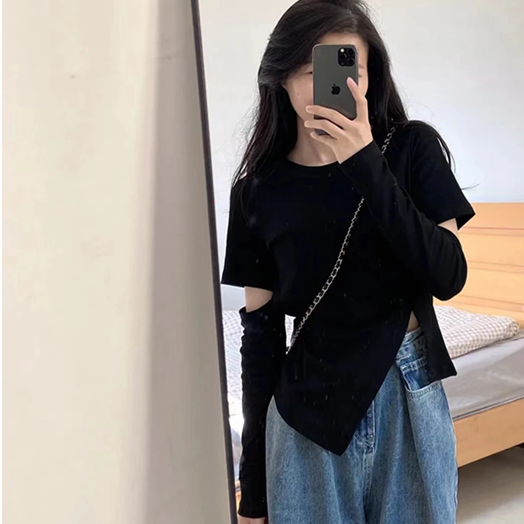 纯棉大码女装正肩不规则破洞学生长袖T恤早秋新款设计感开叉上衣