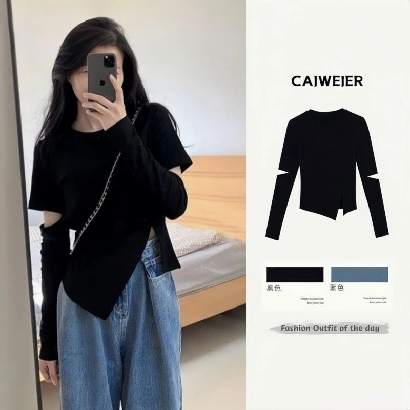 棉大码女装正肩不规则破洞学生长袖T恤早秋设计感开叉显瘦上衣ins