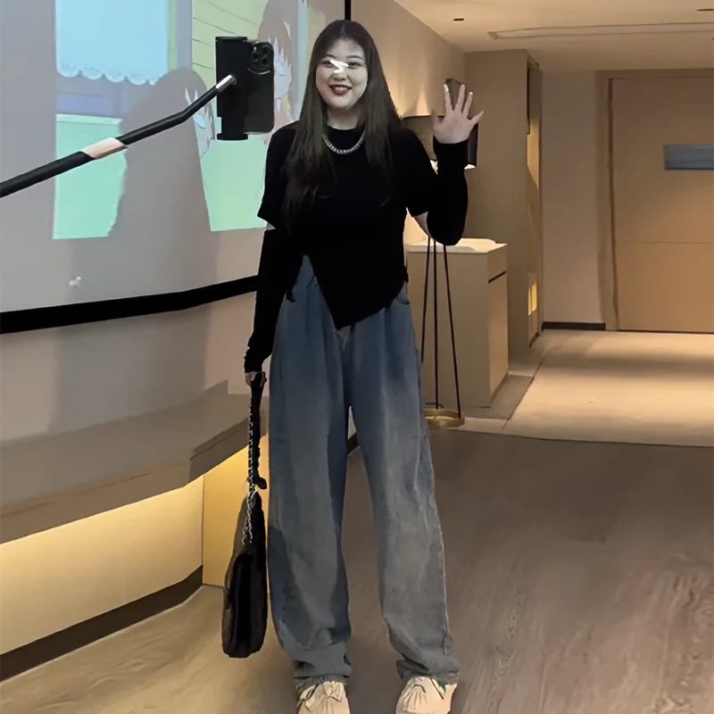 棉大码女装微胖MM正肩不规则破洞长袖T恤女早秋新款开叉修身上衣