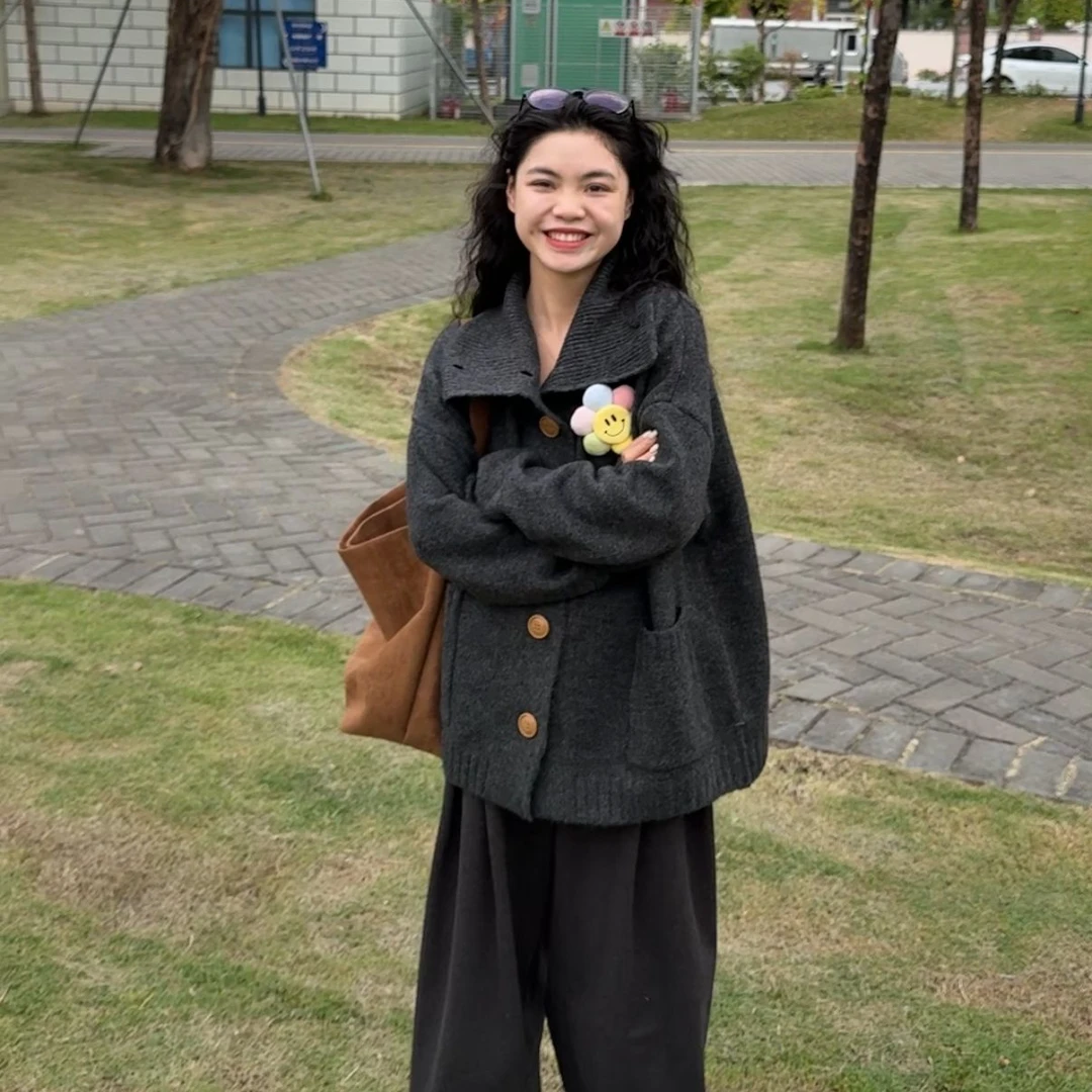 【胸针可拆卸】}韩系chic氛围感针织毛衣开衫外套女秋冬慵懒风上衣