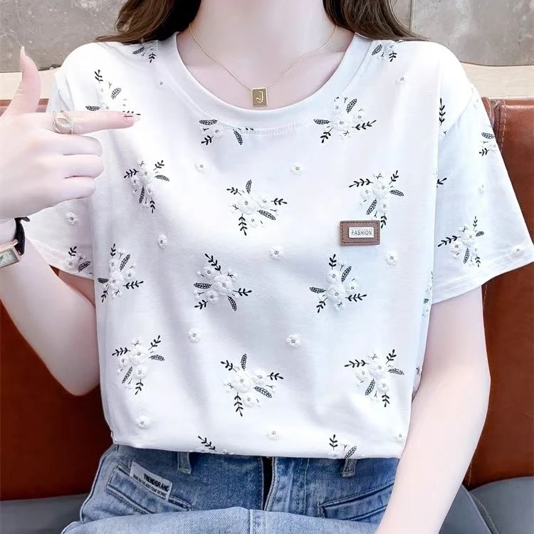 白色短袖恤女夏装2024新款时尚洋气宽松半袖女士体恤上衣服
