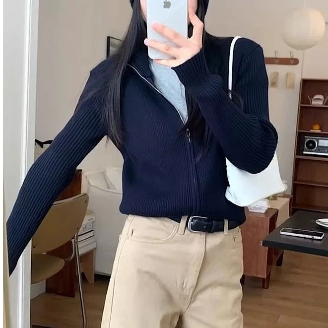 拉链毛衣针织开衫女2024新款春季ins辣妹短款显瘦百搭外套上衣潮