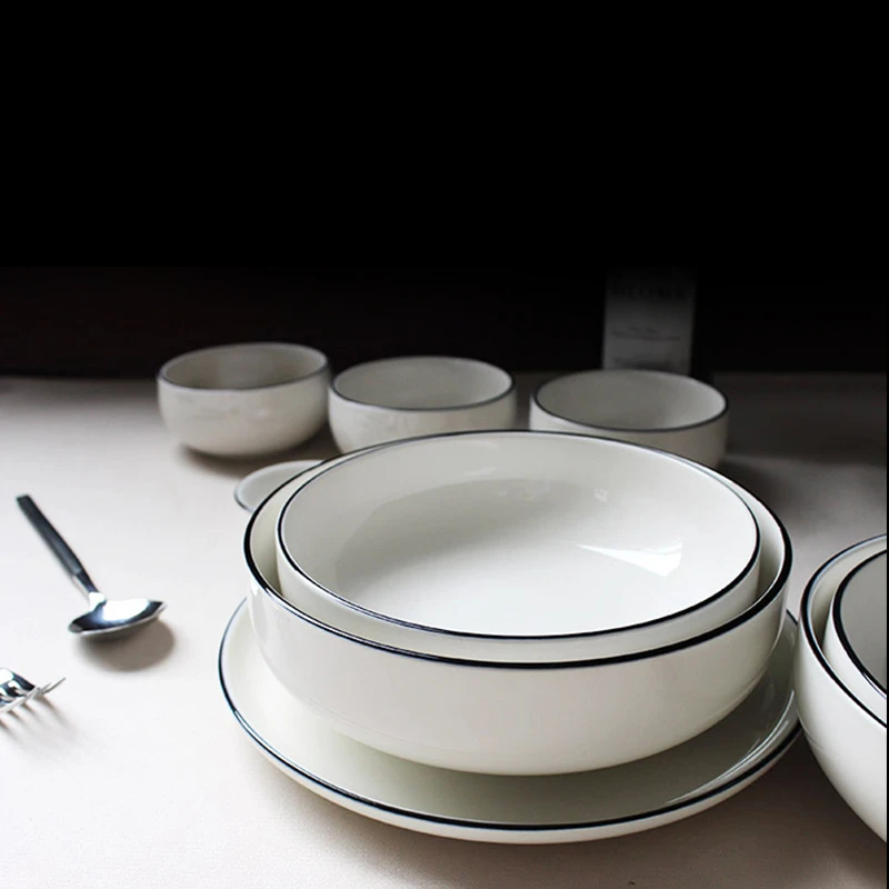 北欧简约碗碟餐具家用陶瓷盘子平盘菜盘碟子汤勺白色圆形面碗汤碗