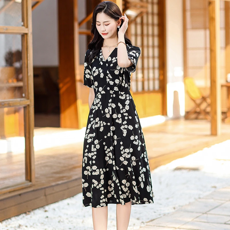 新款棉绸连衣裙新款夏季女妈妈时尚印花人造棉宽松大码外穿裙子