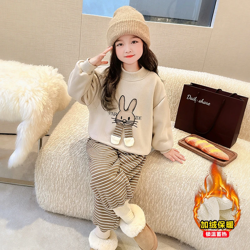 女童卡通套装加绒加厚款秋冬季2024新款女孩网红宝宝洋气儿童冬装