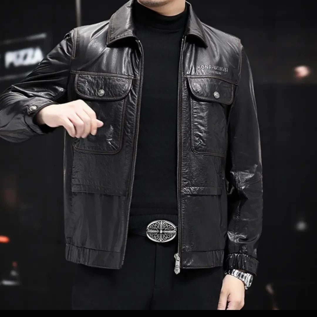 头层牛皮海宁真皮皮衣男士翻领修身短款休闲夹克