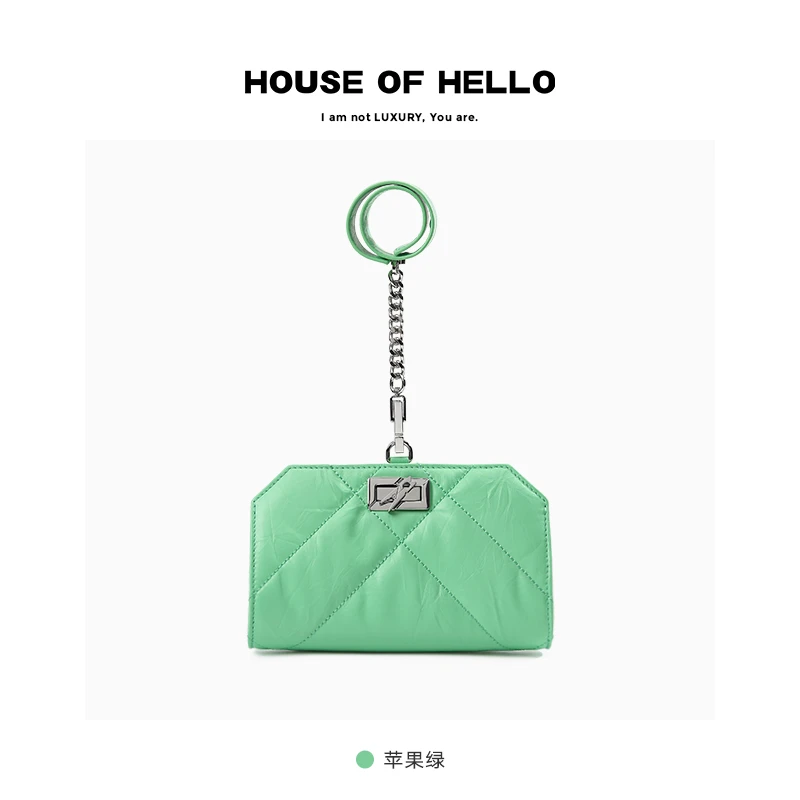 HOUSEOFHELLO夹子系列油蜡皮包银扣手拿包菱格小香风时尚手机包