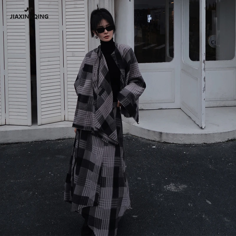 JIAXINXQING秋季新品格纹腔调斗篷披肩半裙不规则套装ins原创设计