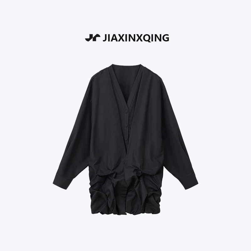 潮流秋冬新品时尚高级假两件外翻领下摆抽褶云朵连衣裙原创设计