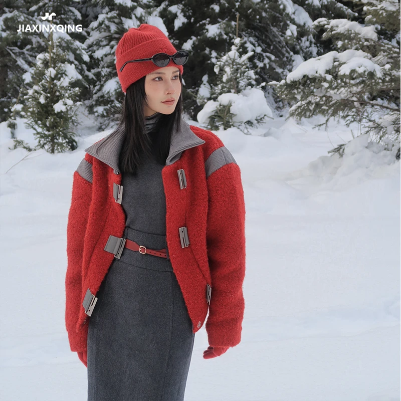 JIAXINXQING澳毛呢拼接夹克皮外套红色原创时尚轻奢2024秋冬新款