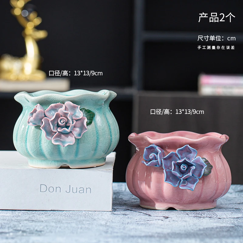 手工捏花两件套陶瓷多肉花盆经典粉蓝套装好看捏花组合套装高颜值