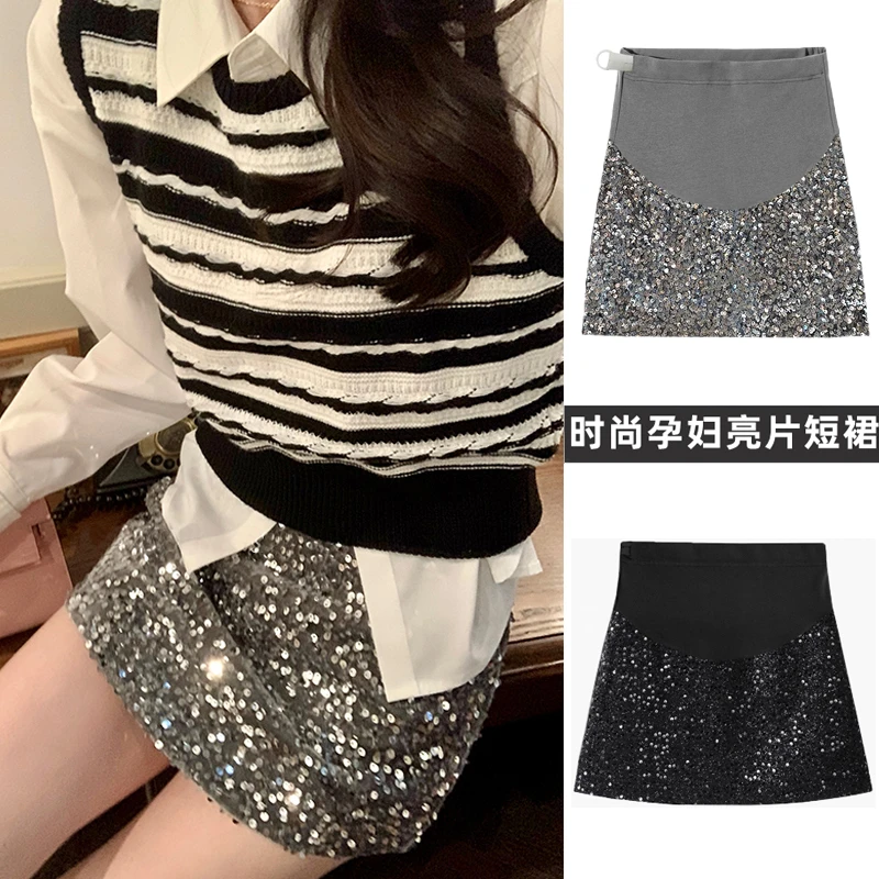 孕妇短裙春季新款时尚显瘦A字裙子秋冬百搭亮片设计孕妇孕妇裙