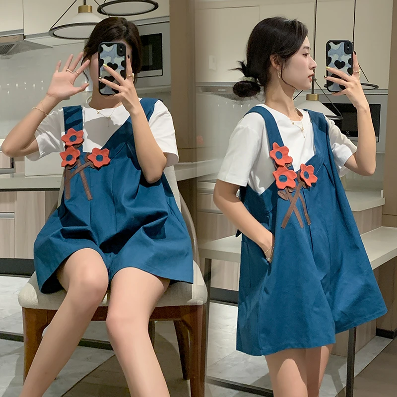 孕妇背带裤子套装夏装时尚孕早期宽松阔腿短裤显瘦两件套夏季韩版