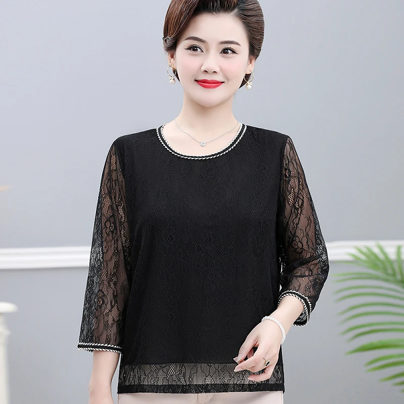 中老年女装夏装洋气小衫时尚圆领蕾丝小香风t恤 妈妈装夏天上衣薄