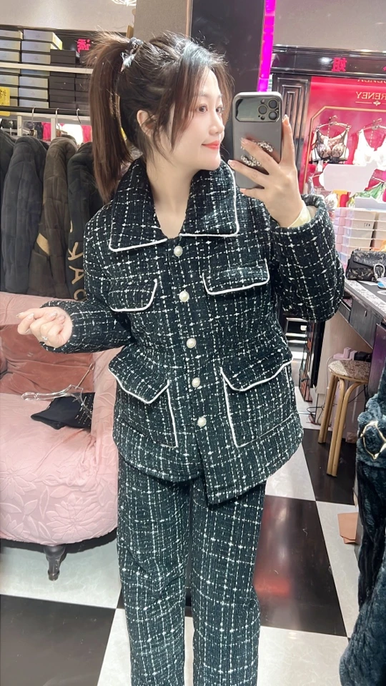 冬季加厚加绒保暖睡衣套装时尚黑色洋气翻领家居服