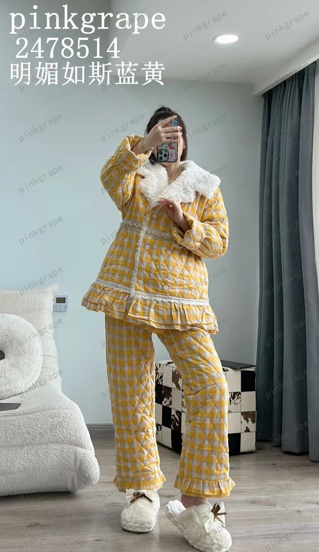 加厚保暖三层夹棉睡衣女冬季宽松家居服套装