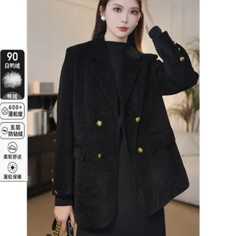 洋气亮闪宽松高级感西服90绒外套女气质经典黑色保暖加绒加厚外套