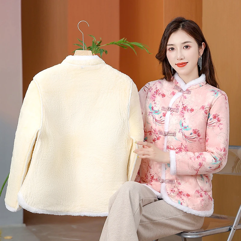 加绒加厚穿到零下棉衣女立领国风盘扣棉袄304050花棉袄宽松时尚